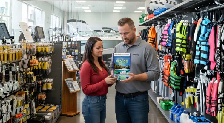 Two people in a store aisle with products on shelves and a display of life vests.