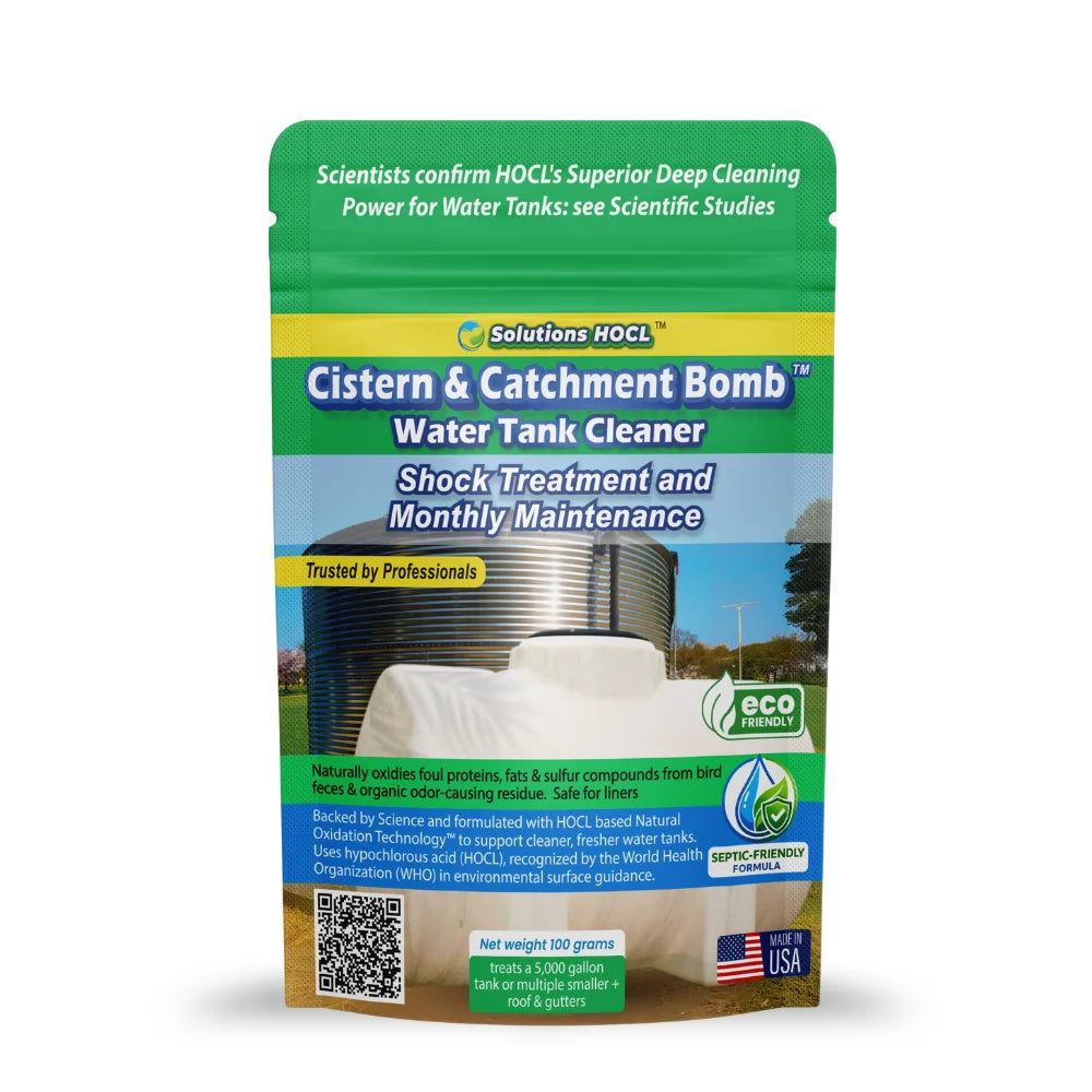 Cistern & Catchment Bomb Shock & Montlhly water tank cleaner packaging on a white background
