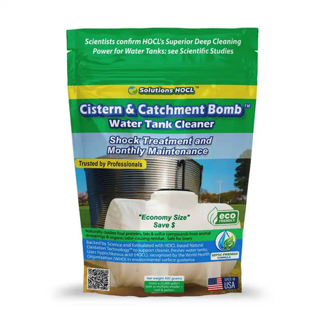 Cistern & Catchment Bomb water tank cleaner shock & montlhly 500g packaging on a white background