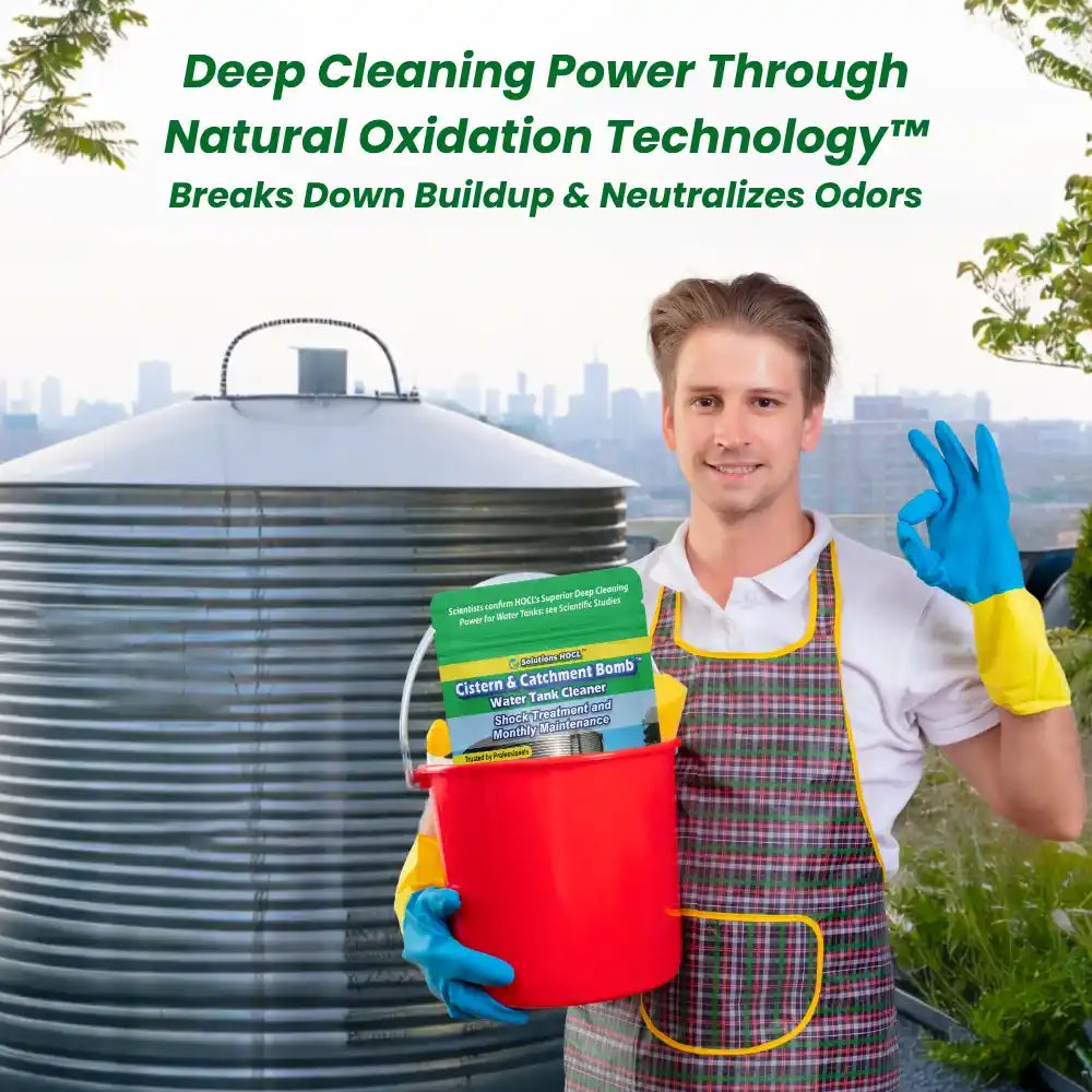 Person standing next to a large water tank with text about natural oxidation technology.