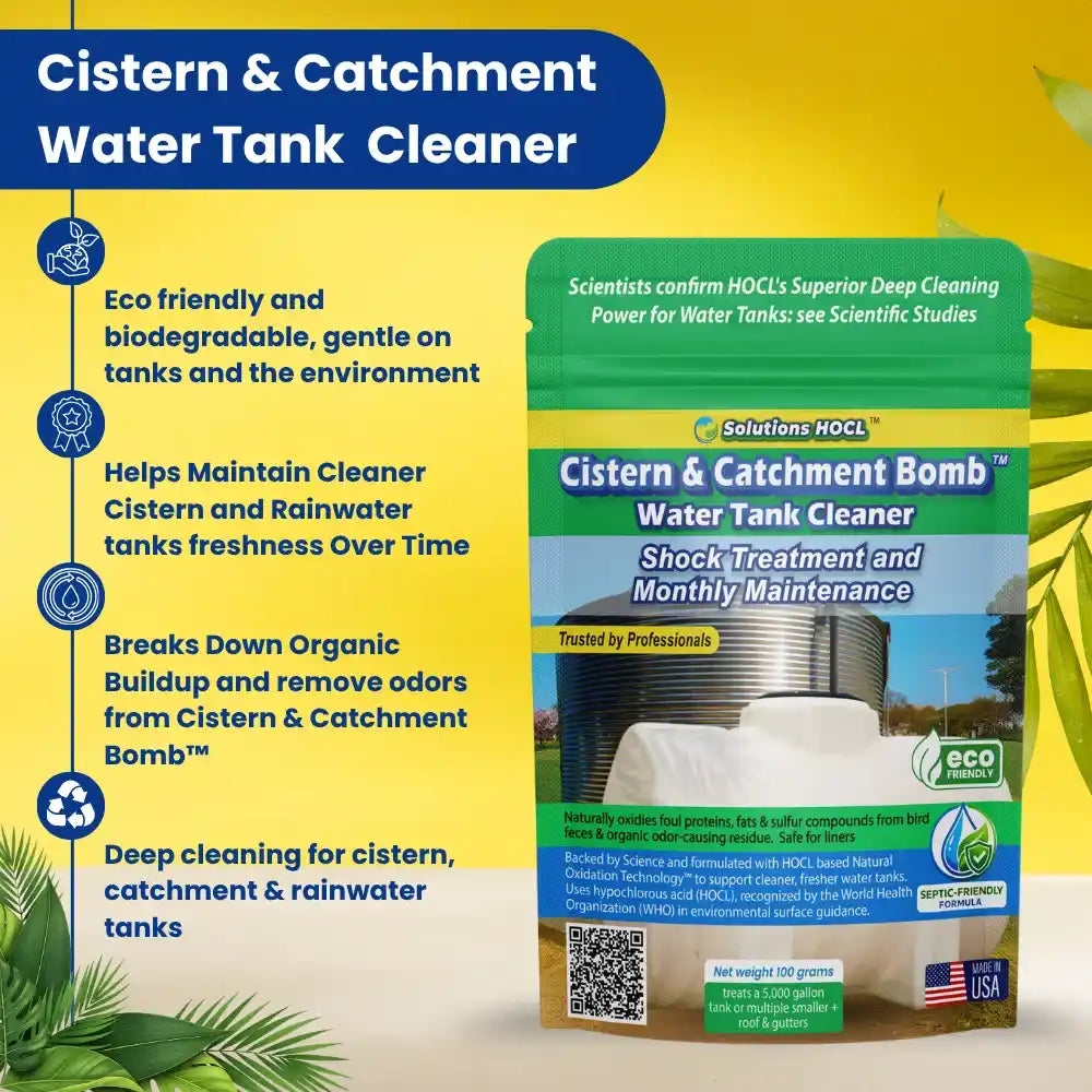 Cistern & Catchment Water Tank Cleaner packaging with features listed on a yellow background