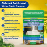 Cistern & Catchment Water Tank Cleaner packaging with features listed on a yellow background