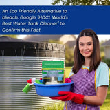 Woman holding cleaning supplies in the background, promoting an eco-friendly water tank cleaner.