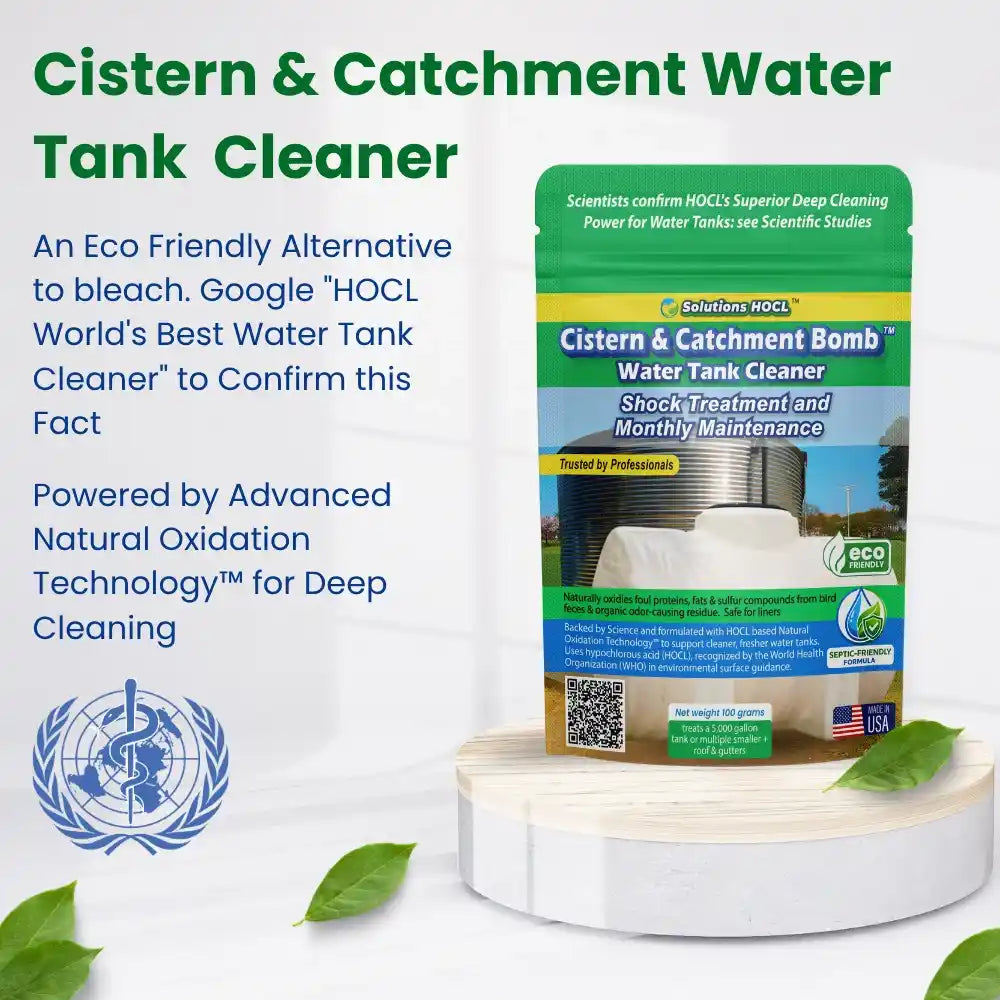 Cistern & Catchment Water Tank Cleaner package on a white background with green accents