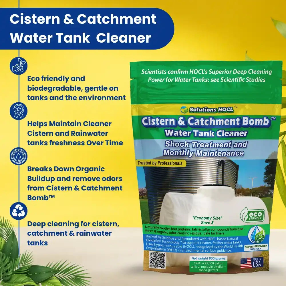 Cistern & Catchment Water Tank Cleaner packaging with features listed on a yellow background