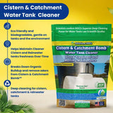 Cistern & Catchment Water Tank Cleaner packaging with features listed on a yellow background