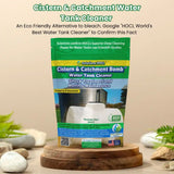 Cistern & Catchment Water Tank Cleaner packaging on a wooden stand with a natural background