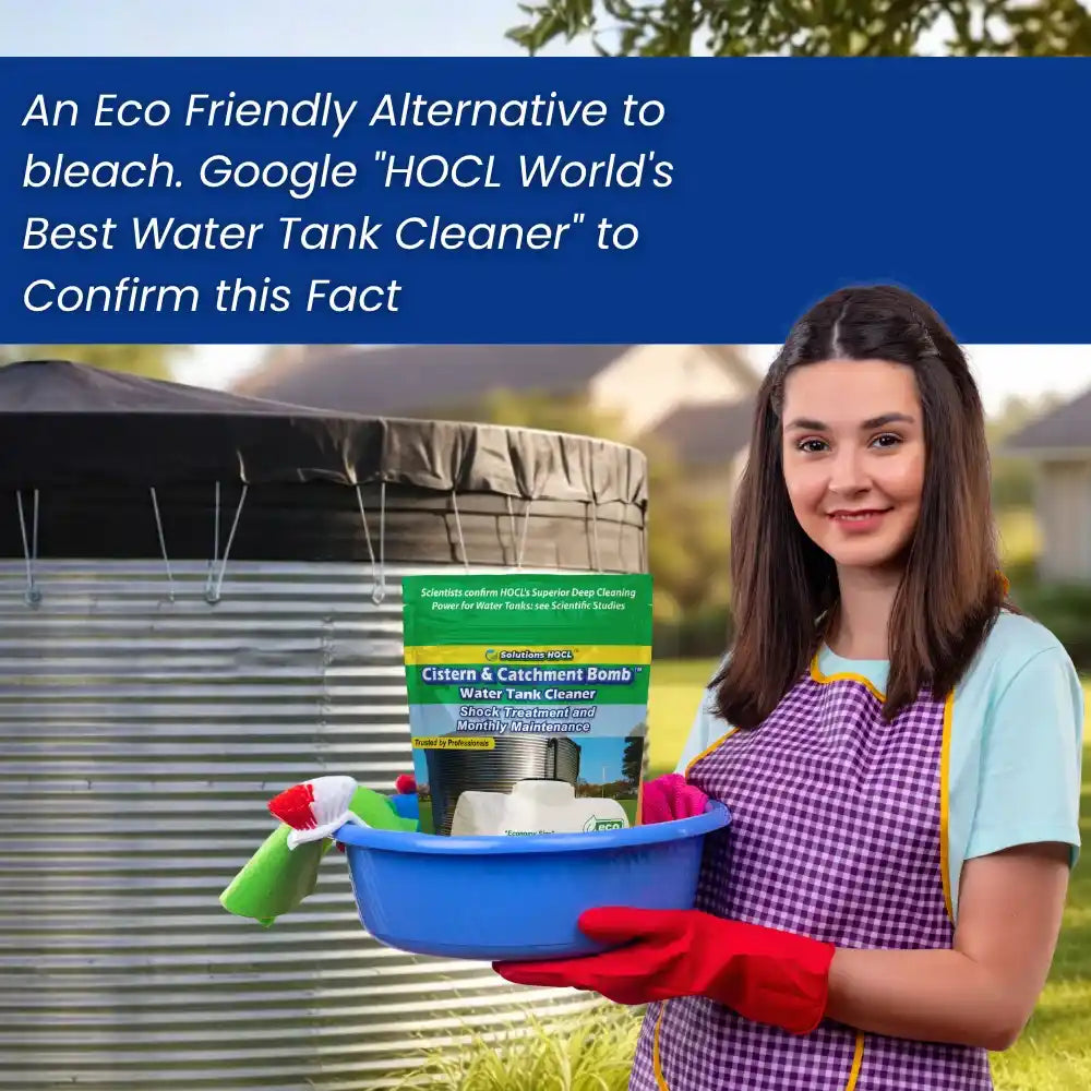 Woman holding cleaning supplies in the background, promoting an eco-friendly water tank cleaner.