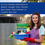 Woman holding cleaning supplies in the background, promoting an eco-friendly water tank cleaner.