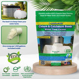 Cistern & Catchment Bomb water tank cleaner packaging with green and white design on a wooden stand.