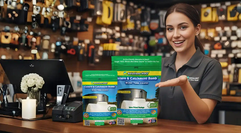 Two men in a warehouse setting with storage tanks and a Cistern and Catchment Tank Cleaner.