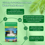 Cistern & Catchment Bomb Water Tank Cleaner packaging with green background and leaf design.