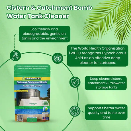Cistern & Catchment Bomb Water Tank Cleaner packaging with green background and leaf design.