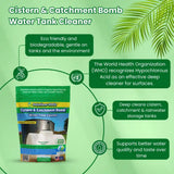 Cistern & Catchment Bomb Water Tank Cleaner packaging with green background and leaf design.