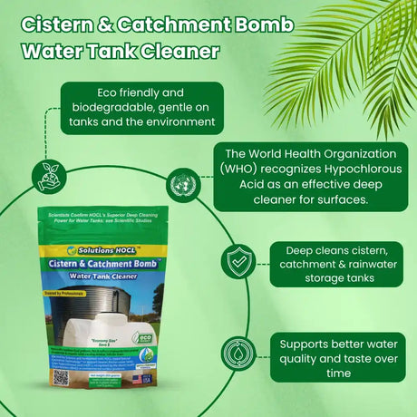 Cistern & Catchment Bomb Water Tank Cleaner packaging with green background and leaf design.