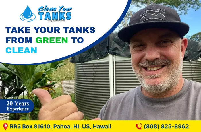 Man giving a thumbs up in front of a water tank with promotional text for 'Clean Your Tanks' service.