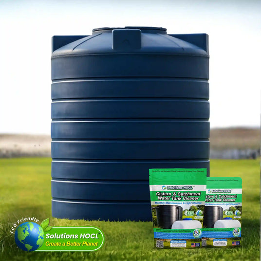Large blue water tank with a package of HOCL water tank cleaner on grass