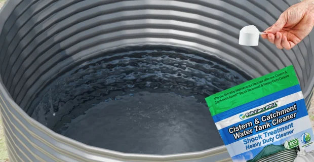 Person holding a packet of water tank cleaner over a water tank