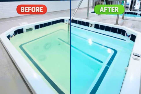 Before and after comparison of a pool with cleaning solution