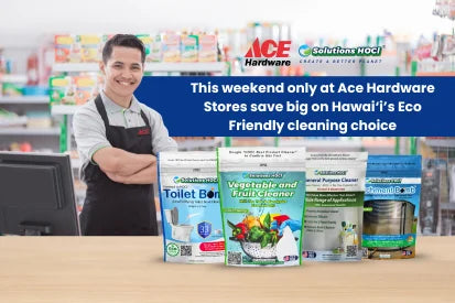 Promotional image for Ace Hardware with a smiling employee and cleaning products on a counter.