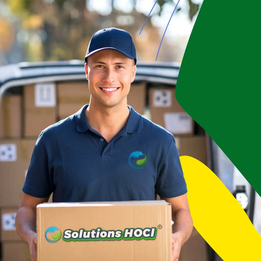 Man holding a box with Solutions HOCI logo in a shipping context