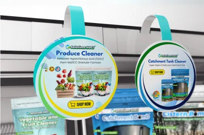 Two cleaning product labels on a stand with a store shelf in the background.