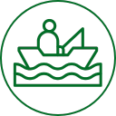 Green icon of a person on a boat in water