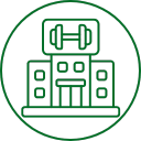 Icon of a building with a dumbbell on top, symbolizing a gym or fitness center.