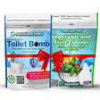 Two packages of Solutions HOCI products: Toilet Bomb and Vegetable and Fruit Cleaner, with a red bow between them.