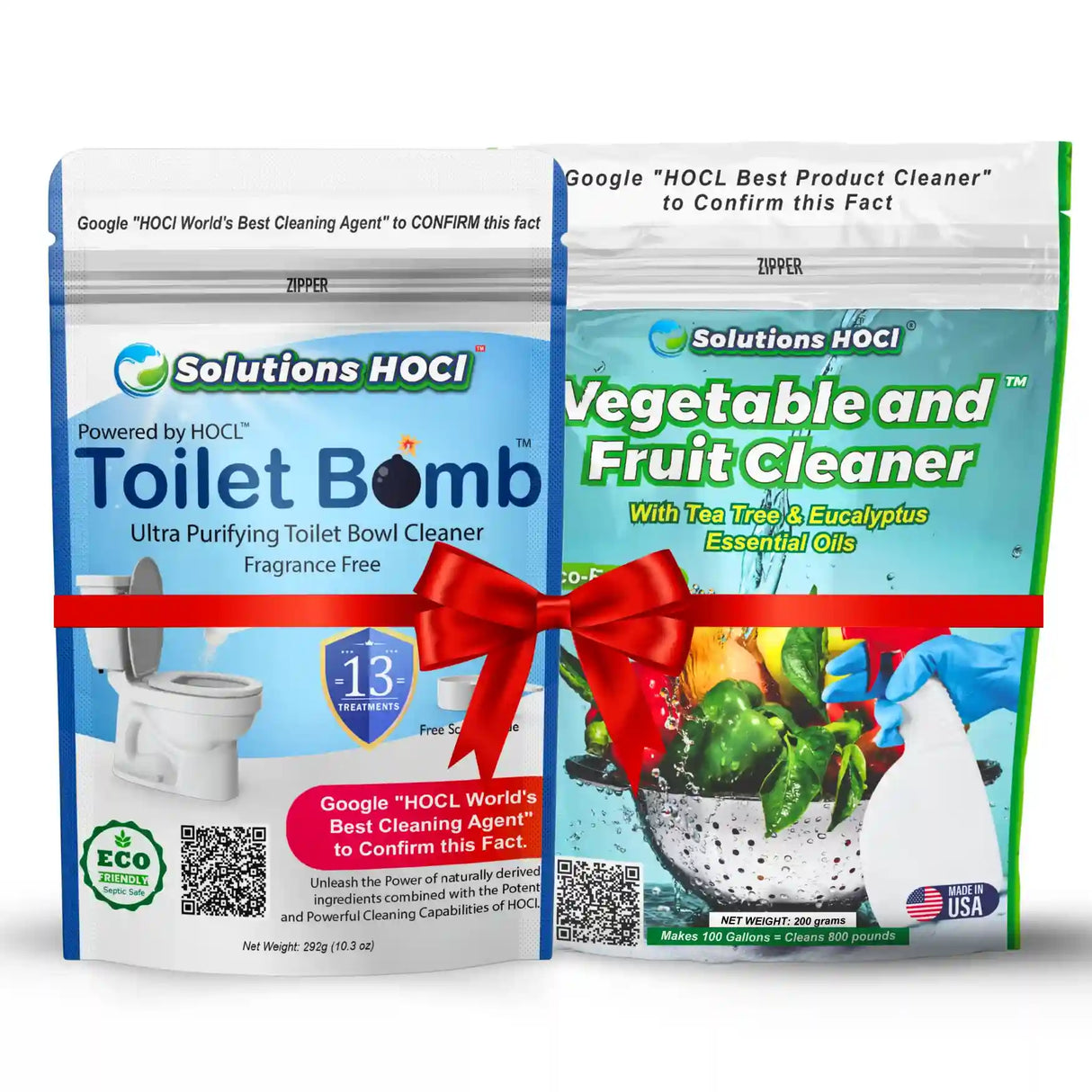 Two packages of Solutions HOCI products: Toilet Bomb and Vegetable and Fruit Cleaner, with a red bow between them.