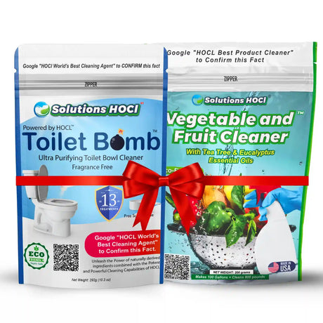 Two packages of Solutions HOCI products: Toilet Bomb and Vegetable and Fruit Cleaner, with a red bow between them.