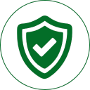 Green shield icon with a check mark inside.