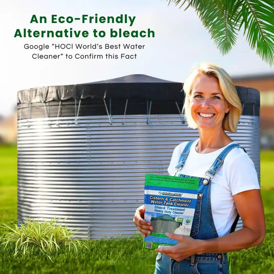 Woman holding a water treatment product in front of a large water tank 