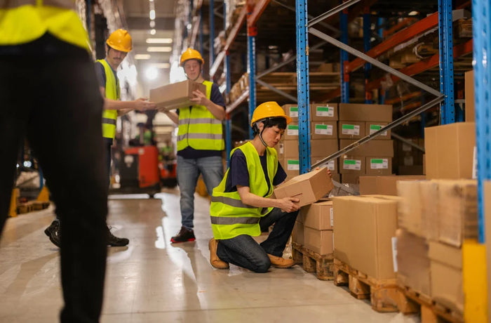 Workers in a warehouse with boxes and safety equipment