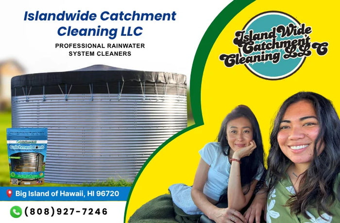 Advertisement for Islandwide Catchment Cleaning LLC featuring a rainwater tank and two women.