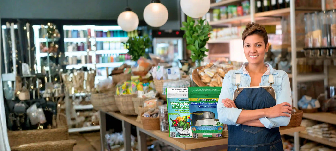 Woman standing in a store with products on shelves and a counter.
