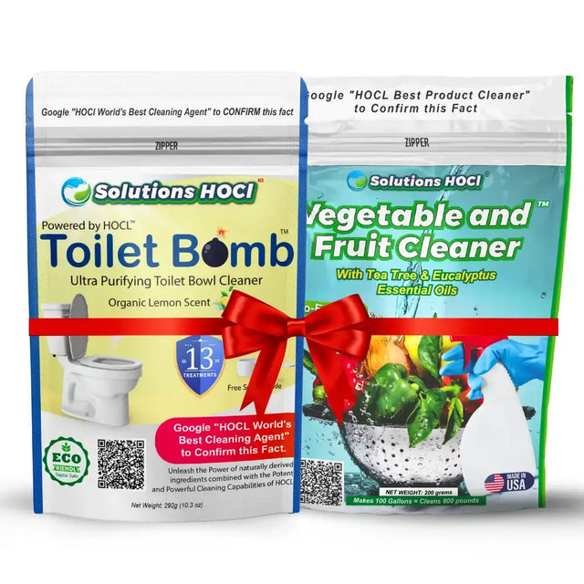 Two packages of Solutions HOCI products: Toilet Bomb and Vegetable and Fruit Cleaner, with a red bow on a white background.