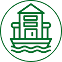 Green icon of a houseboat on water