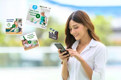 Woman using a smartphone with educational posters in the background
