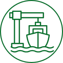 Icon of a ship under a crane with a green outline on a white background