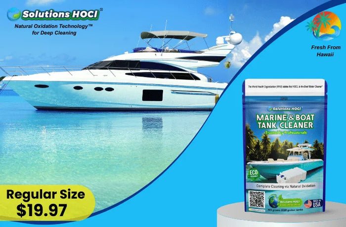 Marine tank cleaner product with a yacht in the background on a blue and green gradient background.