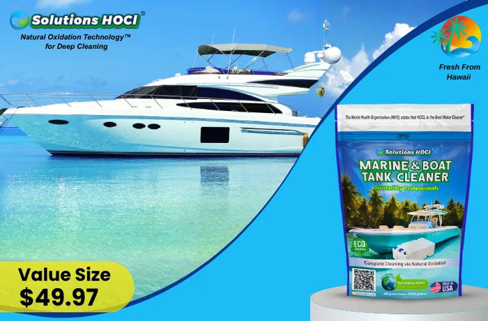 Marine and boat tank cleaner packaging with a boat in the background