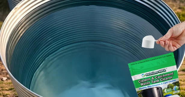 Person holding a water tank cleaner packet above a water-filled metal tank.