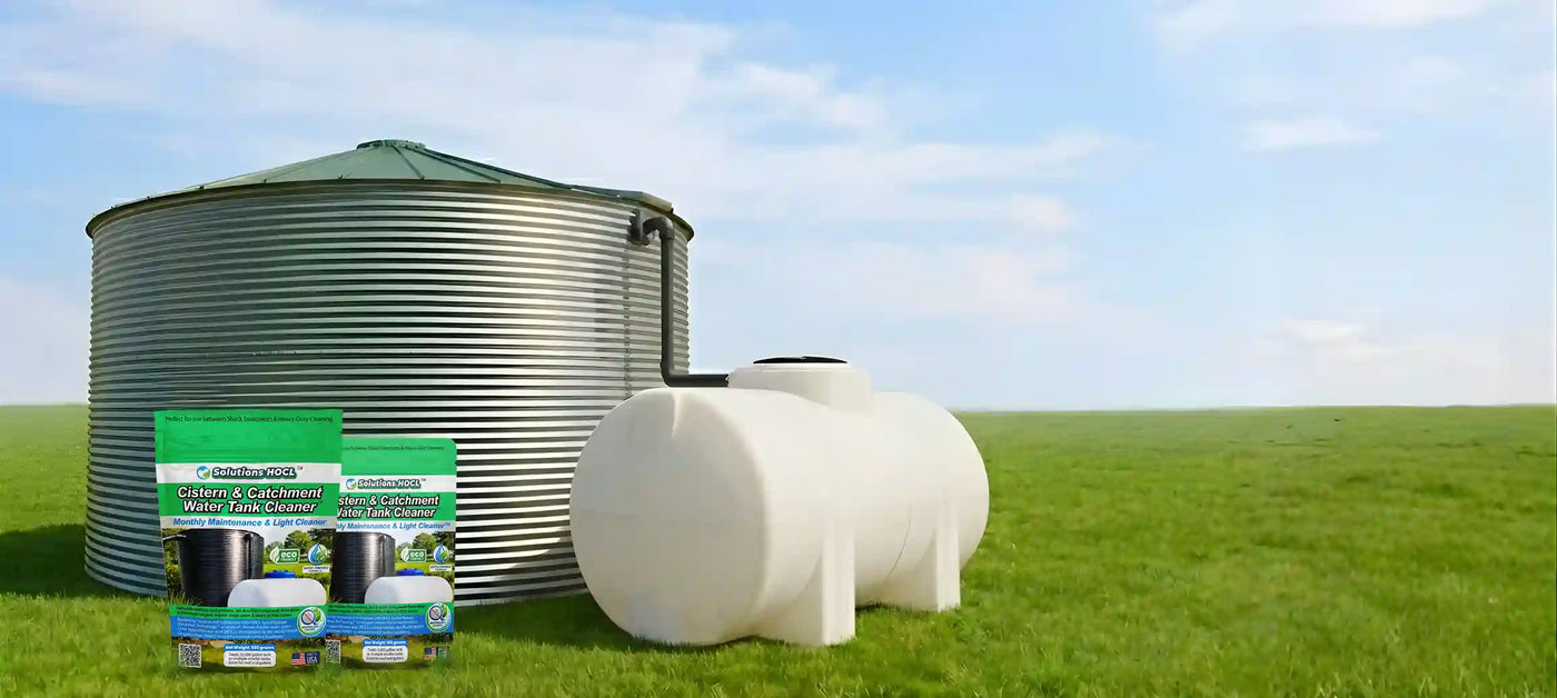 Two large cylindrical tanks on a grassy field with a clear blue sky.