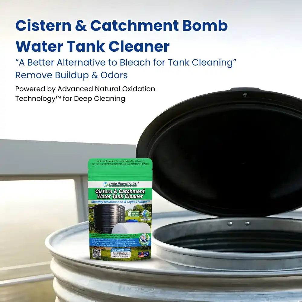 Cistern & Catchment Bomb Water Tank Cleaner packaging on a water tank with  its benefits.