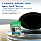 Cistern & Catchment Bomb Water Tank Cleaner packaging on a water tank with  its benefits.
