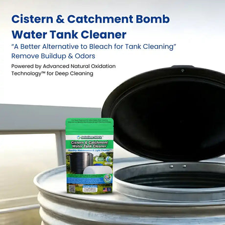 Cistern & Catchment Bomb Water Tank Cleaner packaging on a water tank with  its benefits.