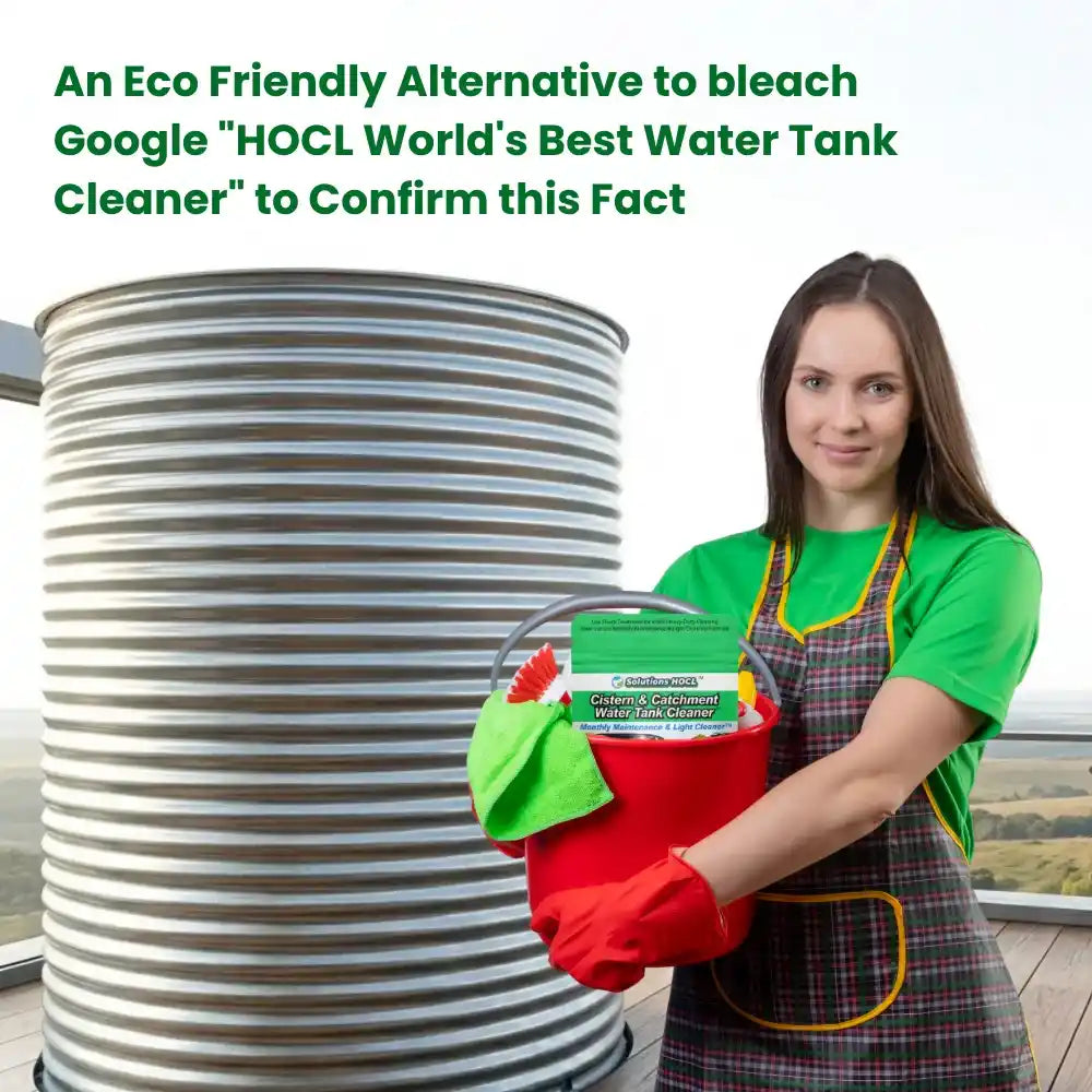 Woman holding cleaning supplies next to a water tank with text eco-friendly