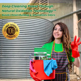 Woman holding cleaning supplies with text about natural oxidation technology