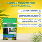 Cistern & Catchment Bomb Water Tank Cleaner packaging on a yellow background.